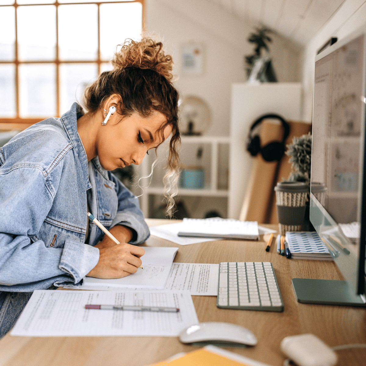 Woman writing on tablet